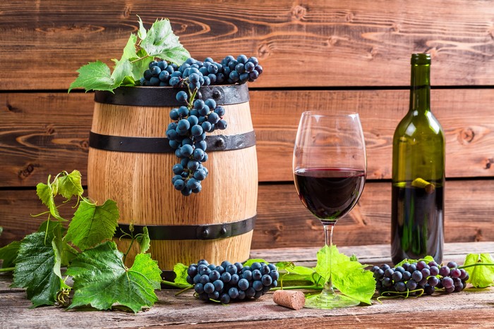 Grapes, Wine Barrel, Wine Bottle, and Glass