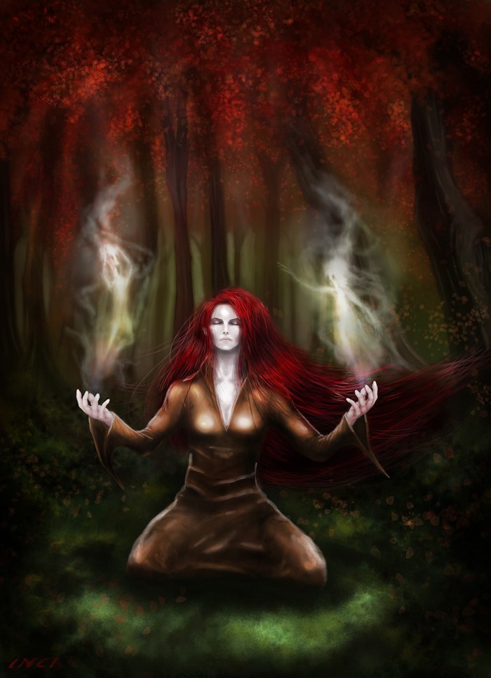 Witch with red hair in a forest with spirits