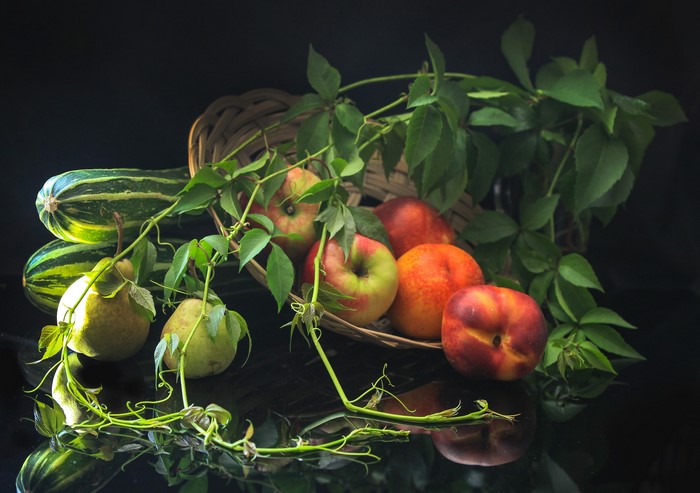Still life of fruits and vegetables with branches