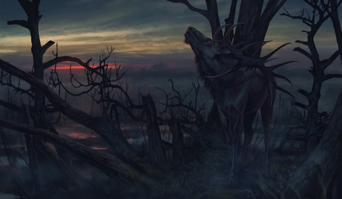 Painting of a deer in a dark forest at sunset