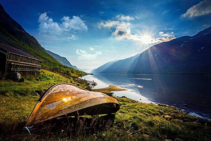 4K Norway Lake with Mountains and Boat