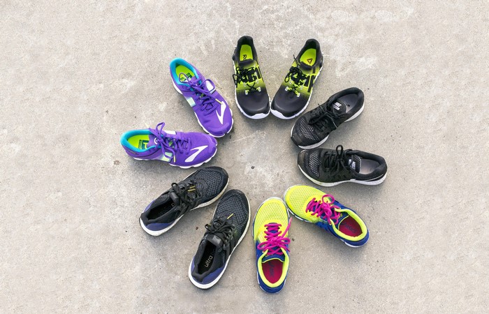 Assortment of athletic shoes arranged in a circle