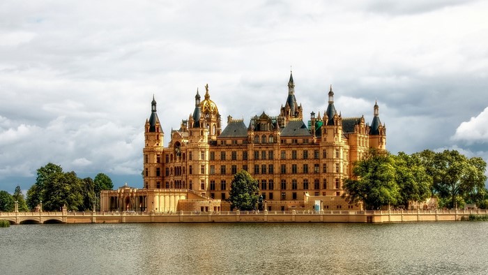 Schwerin Castle on a lake in Germany