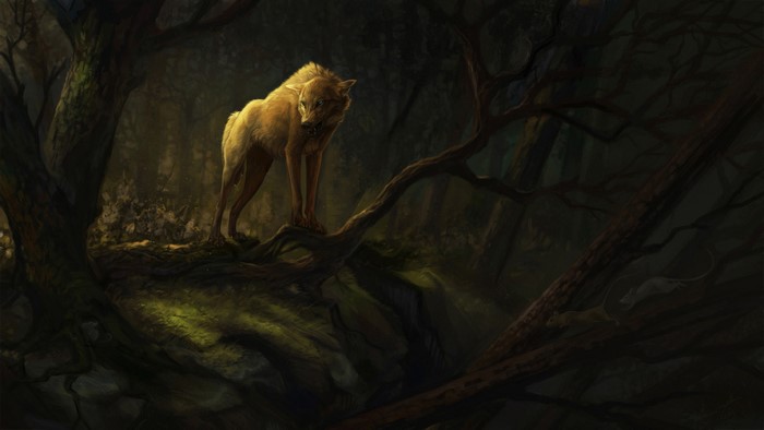 Painting of a wolf in a dark forest