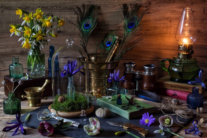 Still-life with Irises, Daffodils, and Kerosene Lamp