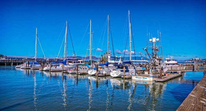 Sailboats docked in a marina under a clear blue sky