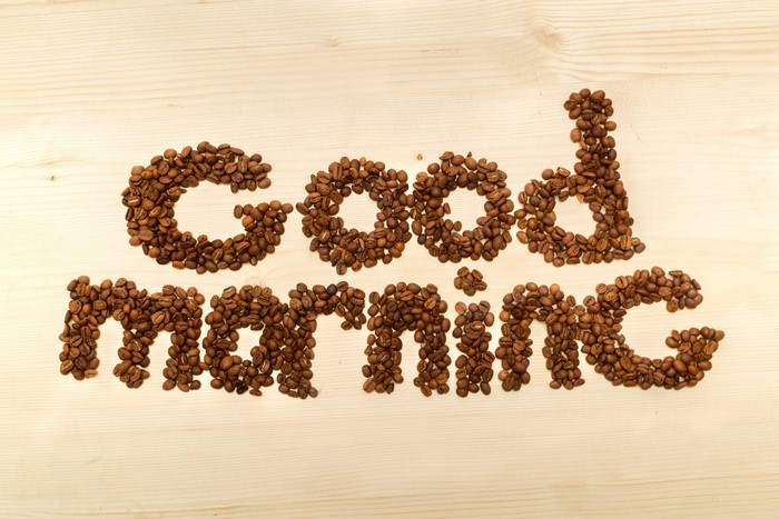 Good Morning written with coffee beans