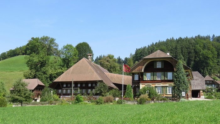 Wooden houses in Lutzelfluh, Switzerland with a grassy field