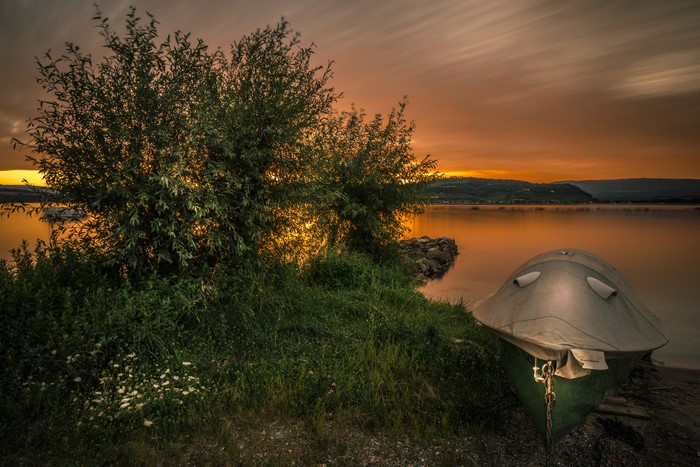 Boat on Lake Murten, Switzerland at Sunset