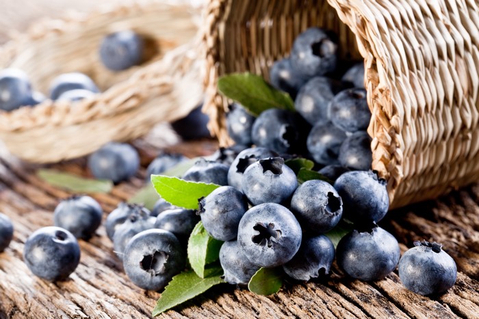 Blueberries spilling from a wicker basket