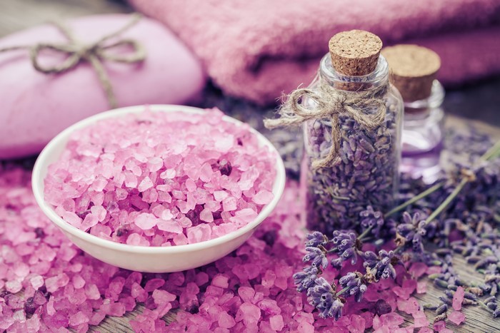 Pink bath salt and lavender in jars