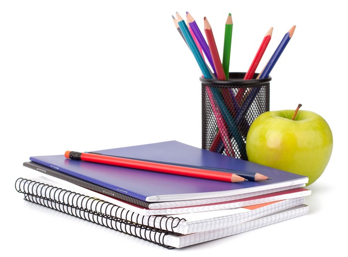 Notebooks, Pencils, and Apple on White Background