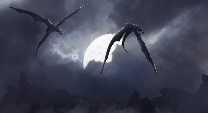 Two dragons flying in the night sky
