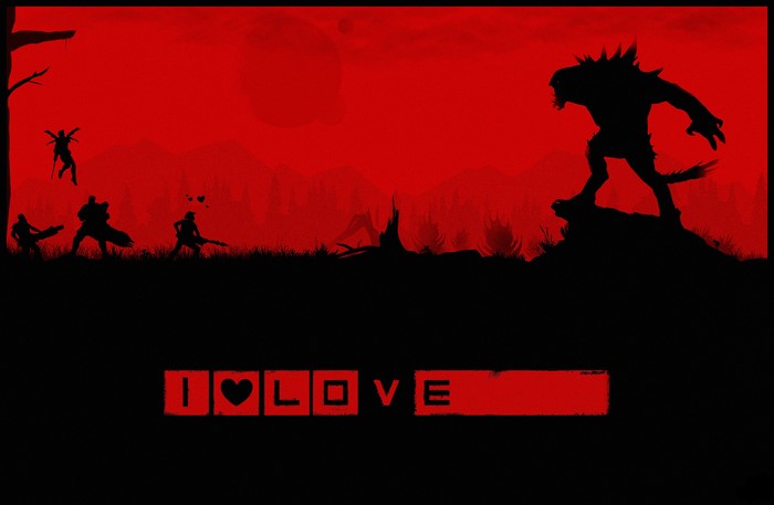 Evolve game warriors and monsters silhouette