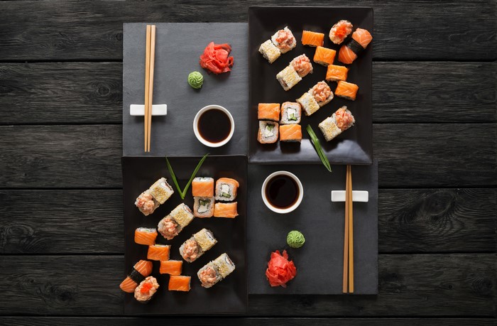 Sushi with Chopsticks and Soy Sauce