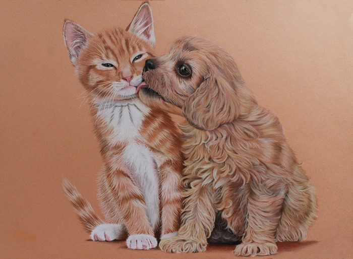 Painting of a kitten and puppy