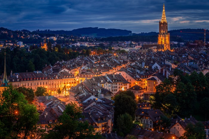 Bern, Switzerland at Night with Illuminated Buildings
