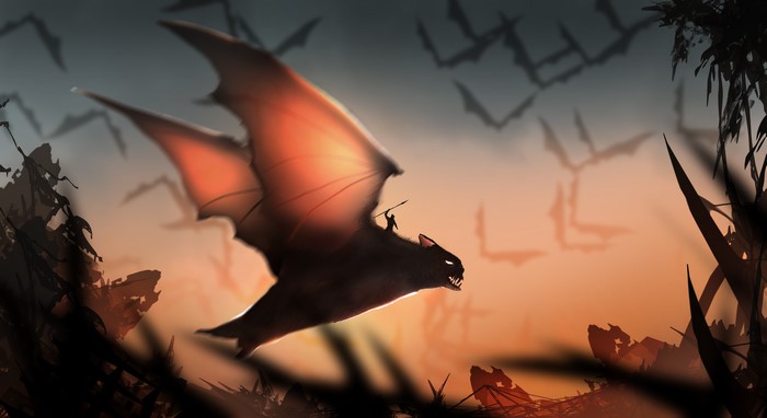 Warrior riding a giant bat with other bats flying