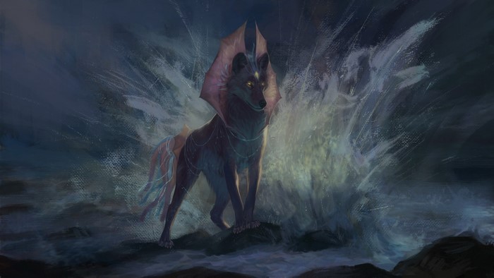 Magical wolf standing in crashing waves