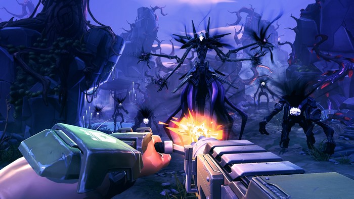 Battleborn warriors firing machine guns at alien creatures