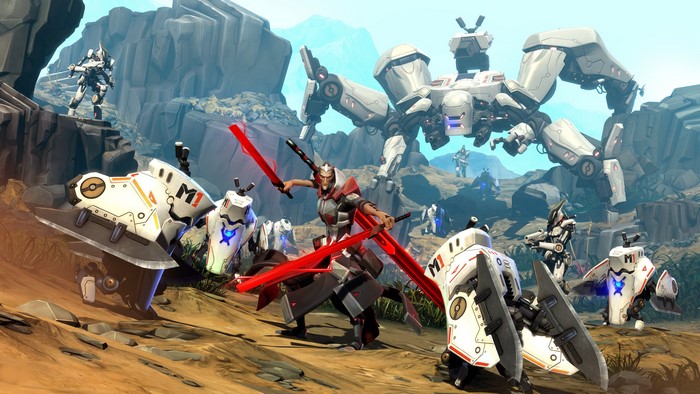 Battleborn robots and warrior in a rocky landscape