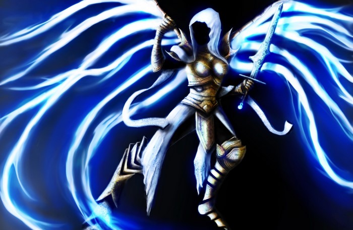 Auriel from Diablo with glowing wings and sword
