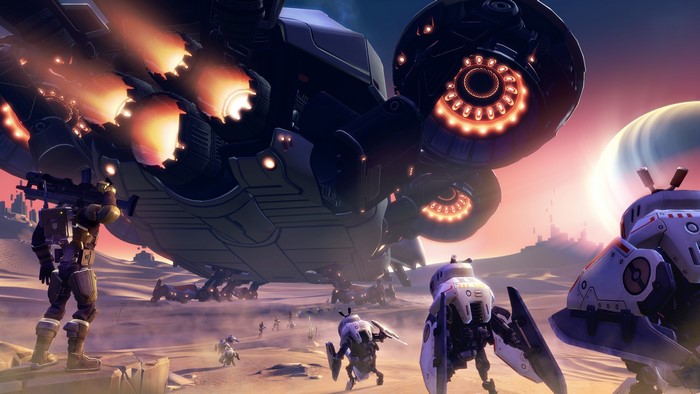 Battleborn robots and soldier near a spaceship