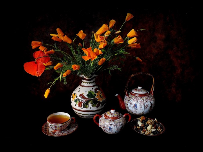 Still-life with poppies, tea set, and nuts