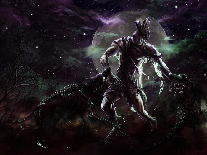 Werewolf and skeletal wolves under a full moon