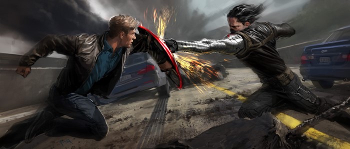 Captain America and Winter Soldier fighting on a highway
