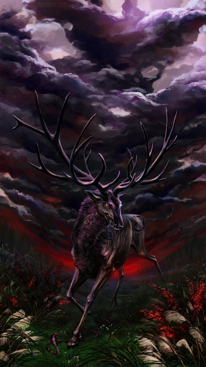 Dark Stag with Antlers in a Stormy Landscape