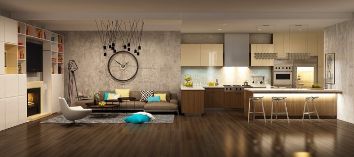 Modern living room and kitchen with sofa, armchair, and island