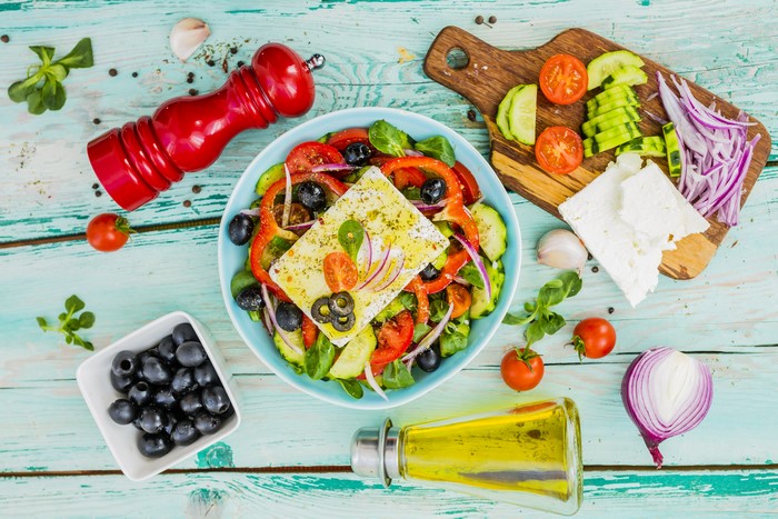 Greek Salad with Feta Cheese and Ingredients