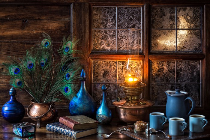 Still-life with peacock feathers, kerosene lamp, and books
