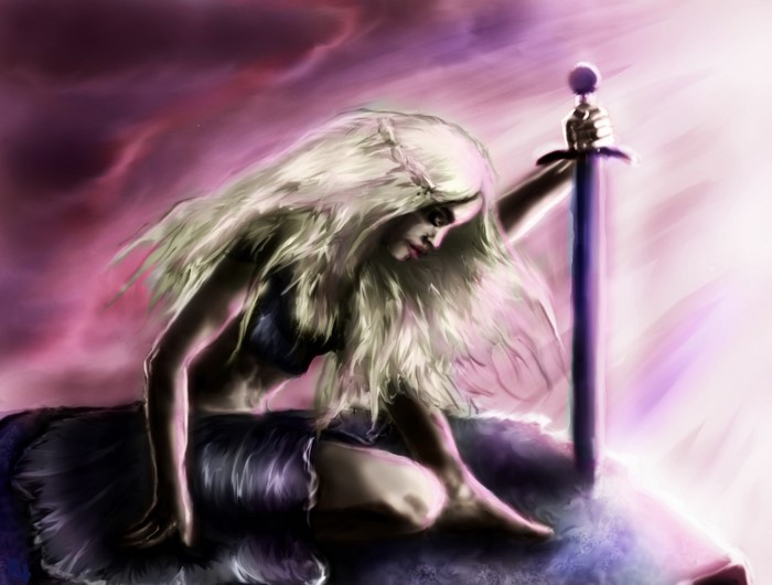 Woman with long blonde hair holding a sword