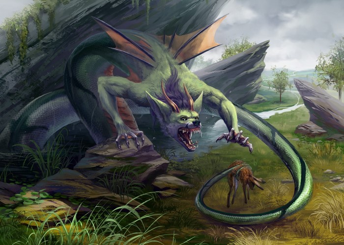 Green dragon-like monster with wings and horns hunting a fawn