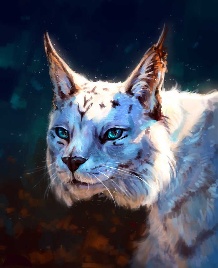 Painting of a white lynx with blue eyes