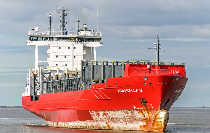 Red container ship Annabella S sailing on water