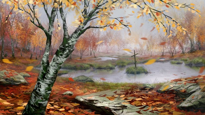 Painting of a swampy forest in autumn with a cross