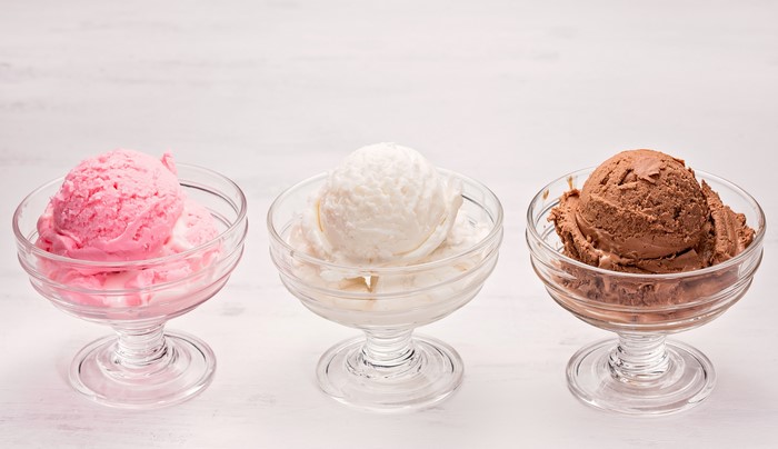 Three scoops of ice cream in bowls