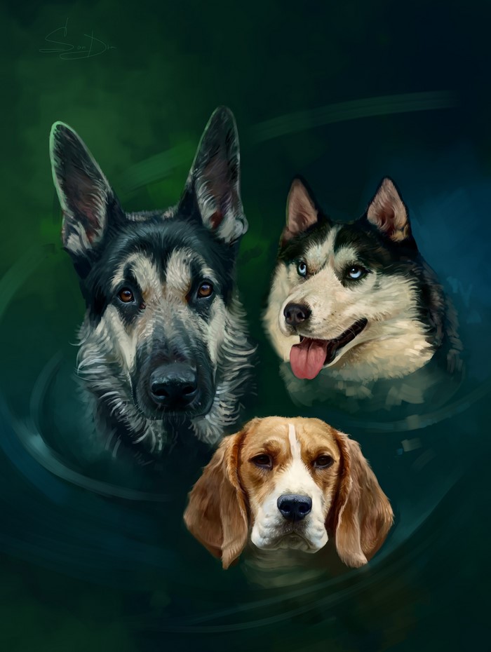 Painting of a German Shepherd, Husky, and Beagle