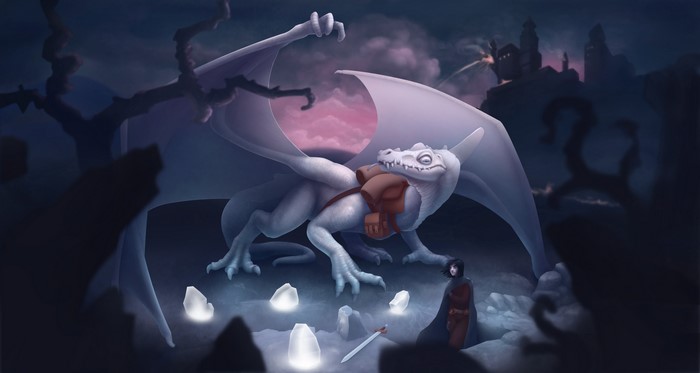 White Dragon with a Traveler at Night