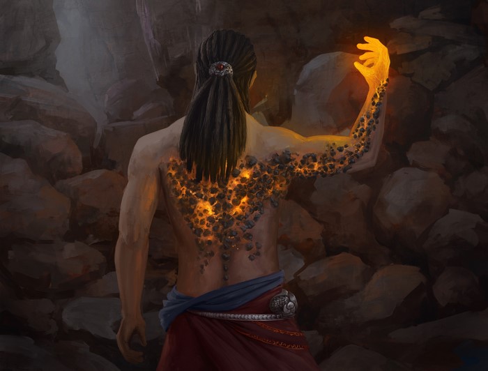 Man with glowing back and arm in cave