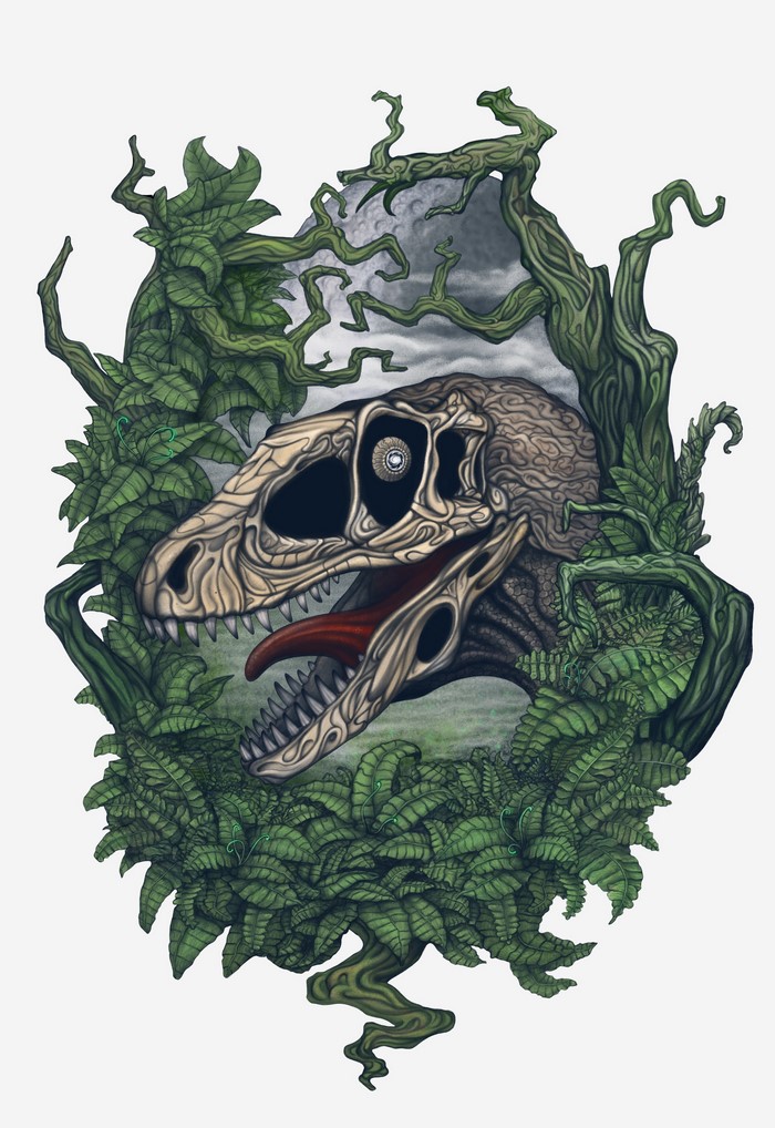 Dinosaur skull framed by jungle foliage