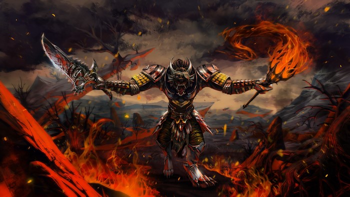 Monster with swords and torch in fiery landscape