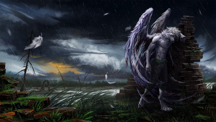 Angel leaning on a ruined wall in the rain