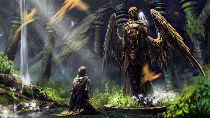 Angel statue and kneeling figure in overgrown ruins