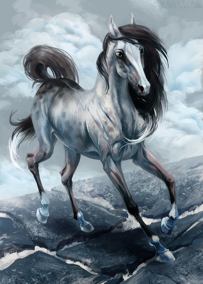 A dappled grey horse running through a rocky, cloudy landscape