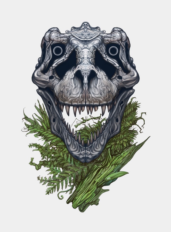 Tyrannosaurus Rex Skull with Ferns and Wood