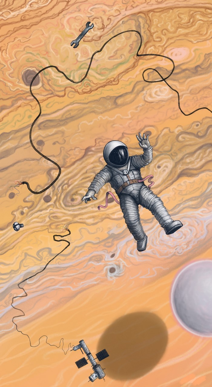 Astronaut floating in space near Jupiter with a space station